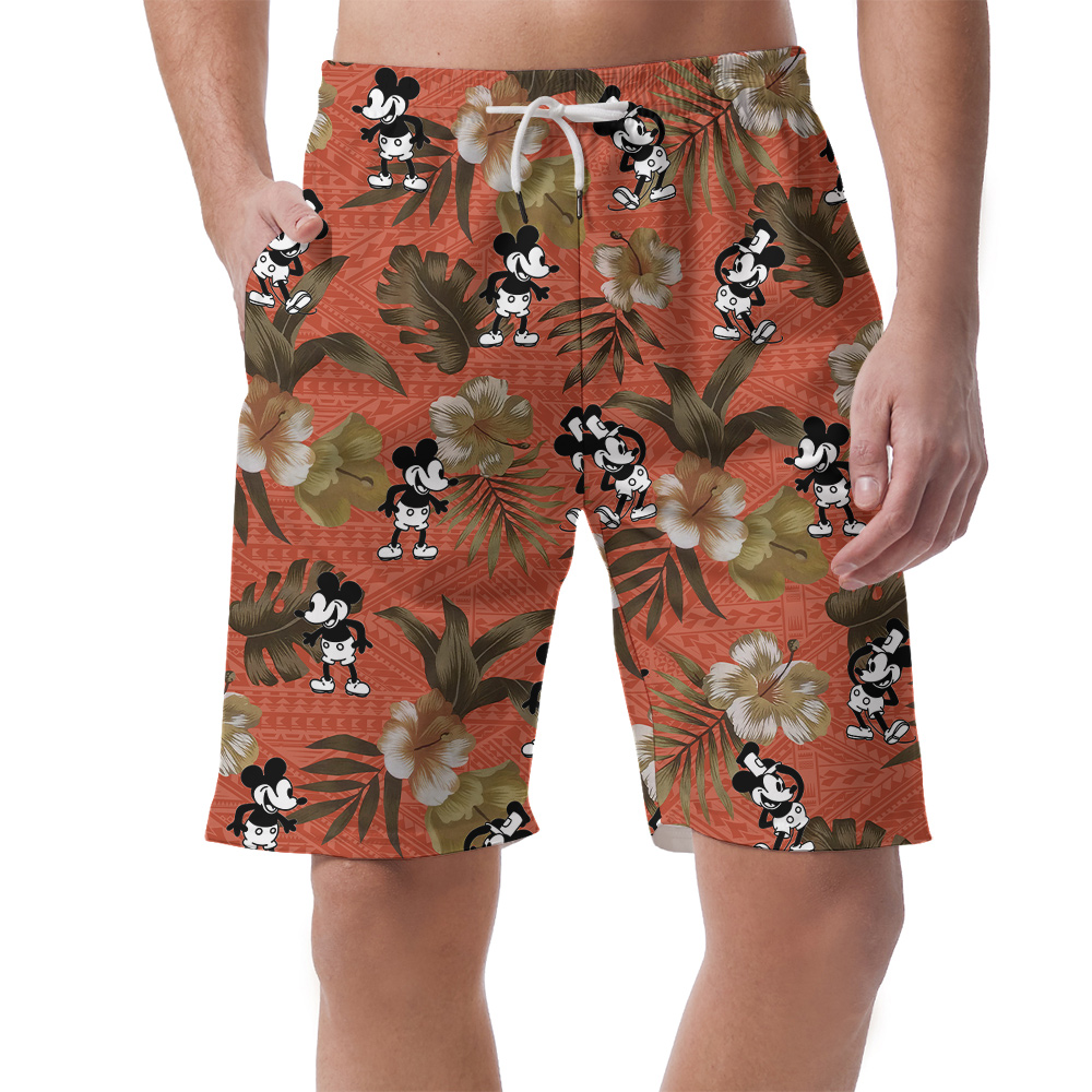Steamboat Willie Mickey Tropical Orange Hawaiian Beach Shorts For Men - variant image 1