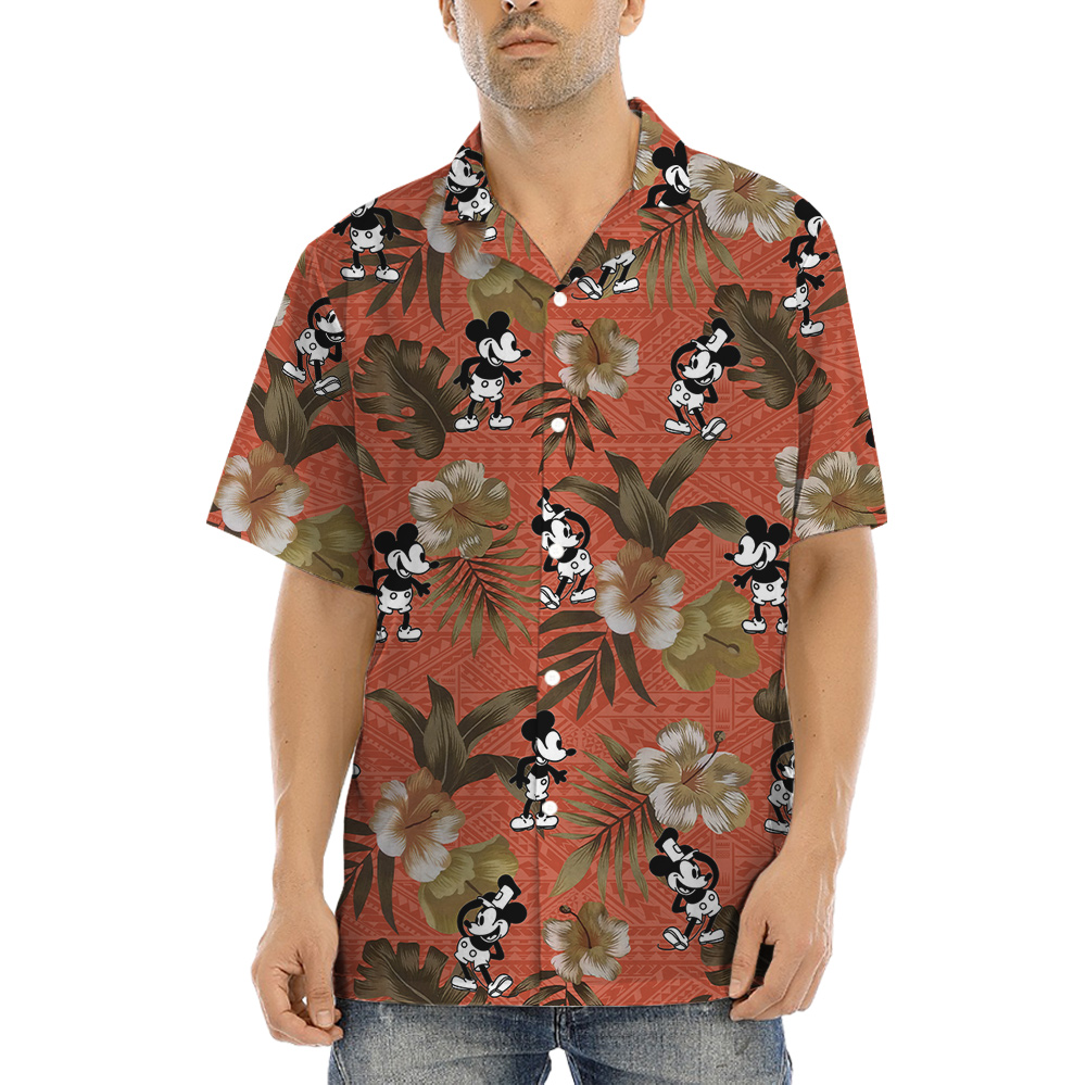 Vintage Hibiscus Steamboat Willie Mickey Orange Hawaiian Shirt - variant image 1