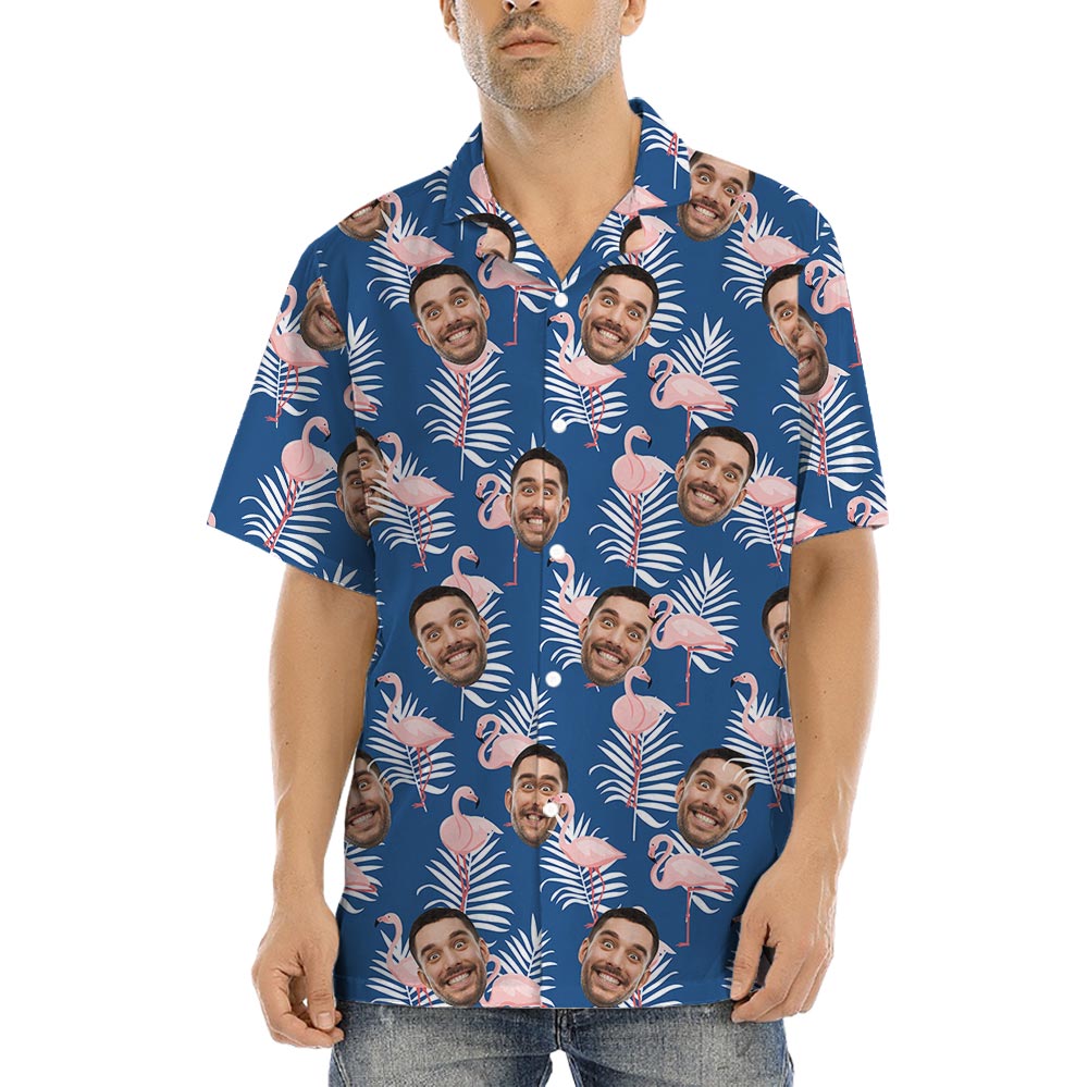 Navy Custom Flamingo Men's Short Sleeved Hawaiian Shirt - variant image 1