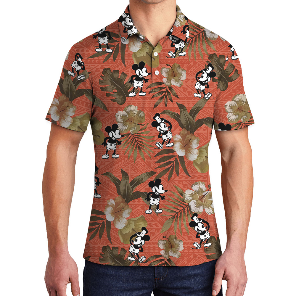 Steamboat Willie Mickey Hibiscus Orange Vintage Hawaiian Polo Shirt - variant image 1