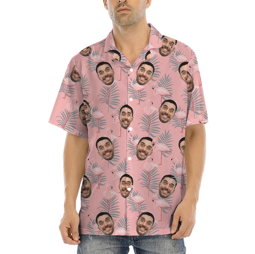 Pink Flamingo Hawaiian Button Up Shirt With Your Face - variant image 1