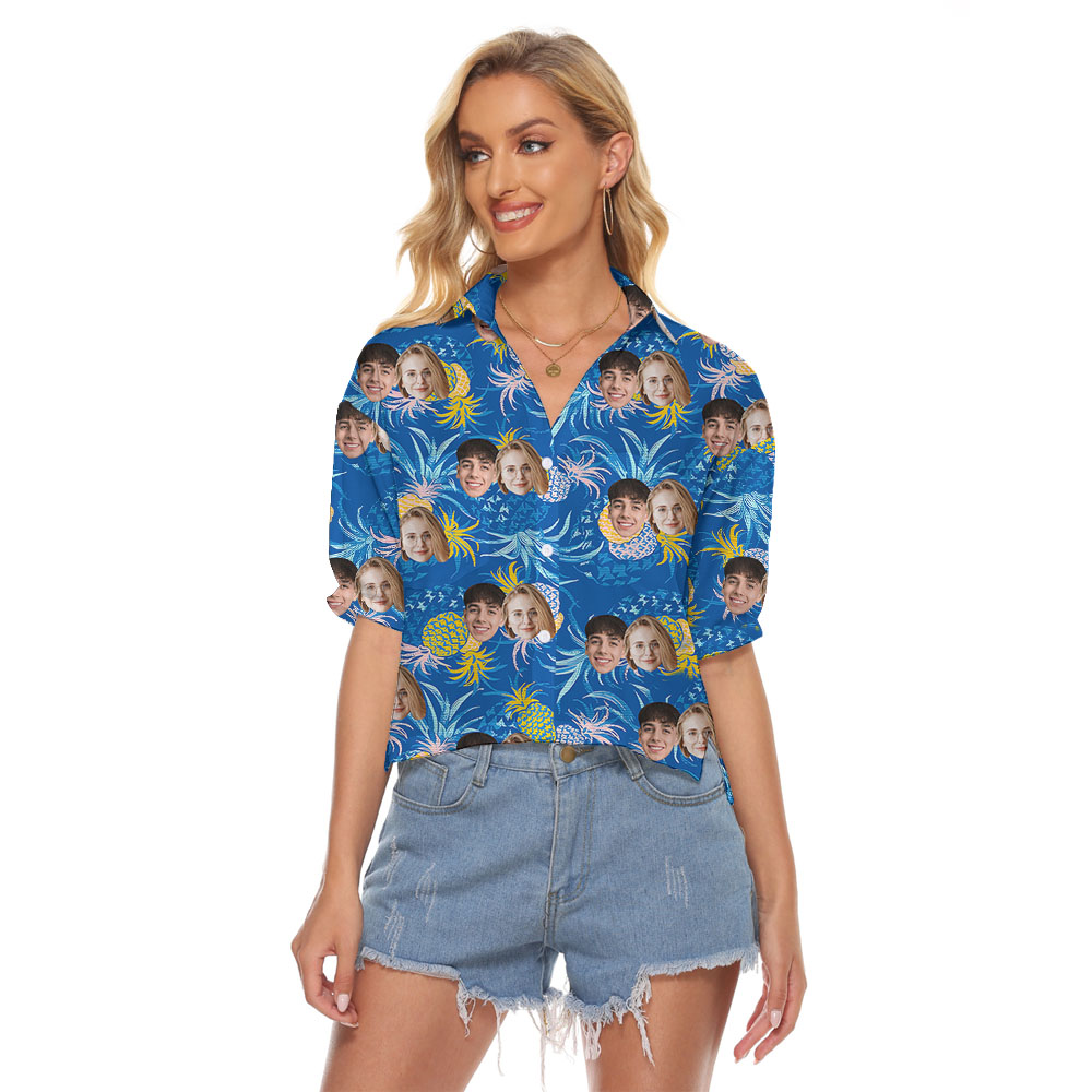 Pineapple Custom Face Blue Women's Hawaiian Shirt - variant image 1