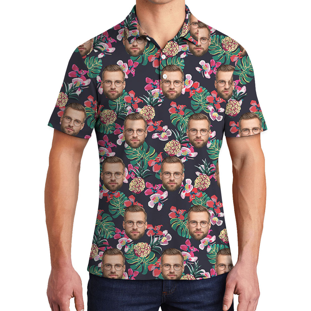 Black Pineapple Collared Polo Shirt With Faces - variant image 1
