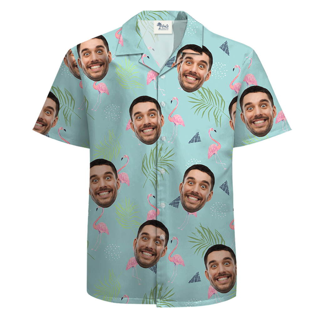 100% Cotton Button Up Men Shirt, Custom Face, Flamingo, Light Blue - variant image 1