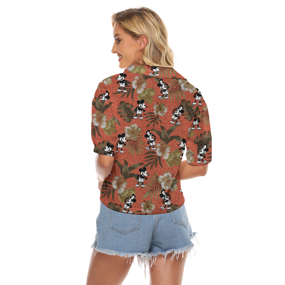Steamboat Willie Mickey Hibiscus Vintage Orange Hawaiian Cropped Shirt For Women