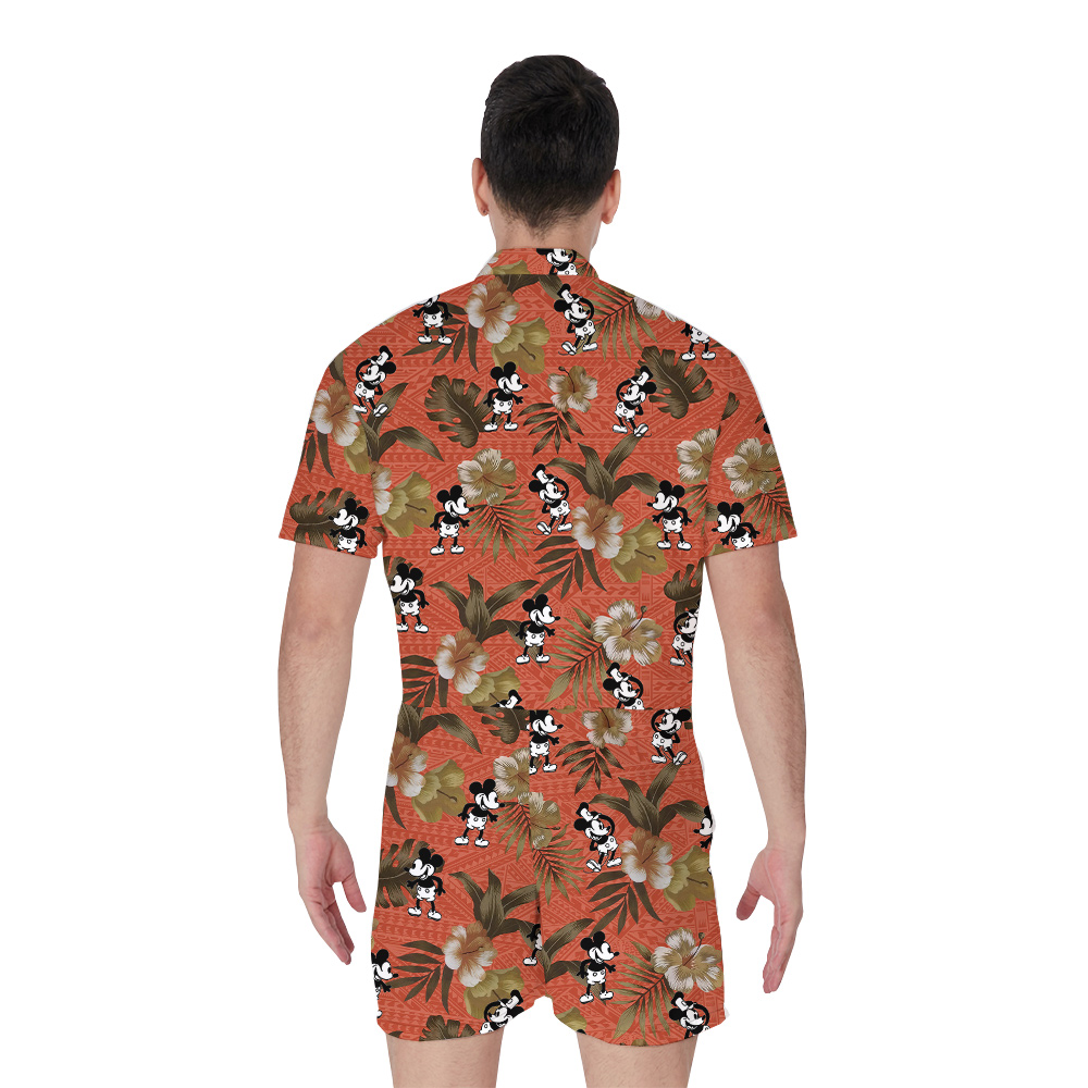 Cute Mickey Steamboat Willie Hibiscus Orange Men's Hawaiian Romper