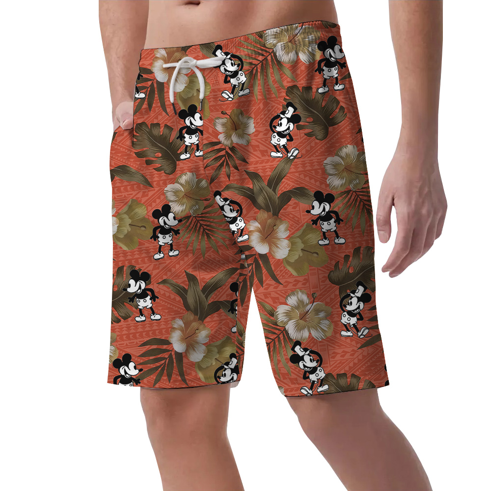 Steamboat Willie Mickey Tropical Orange Hawaiian Beach Shorts For Men
