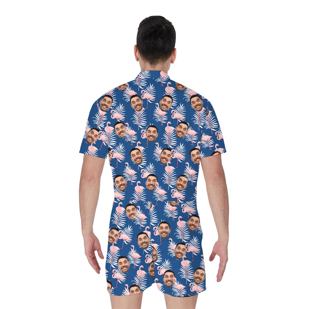 Navy Tropical Flamingo Male Romper Custom Your Face