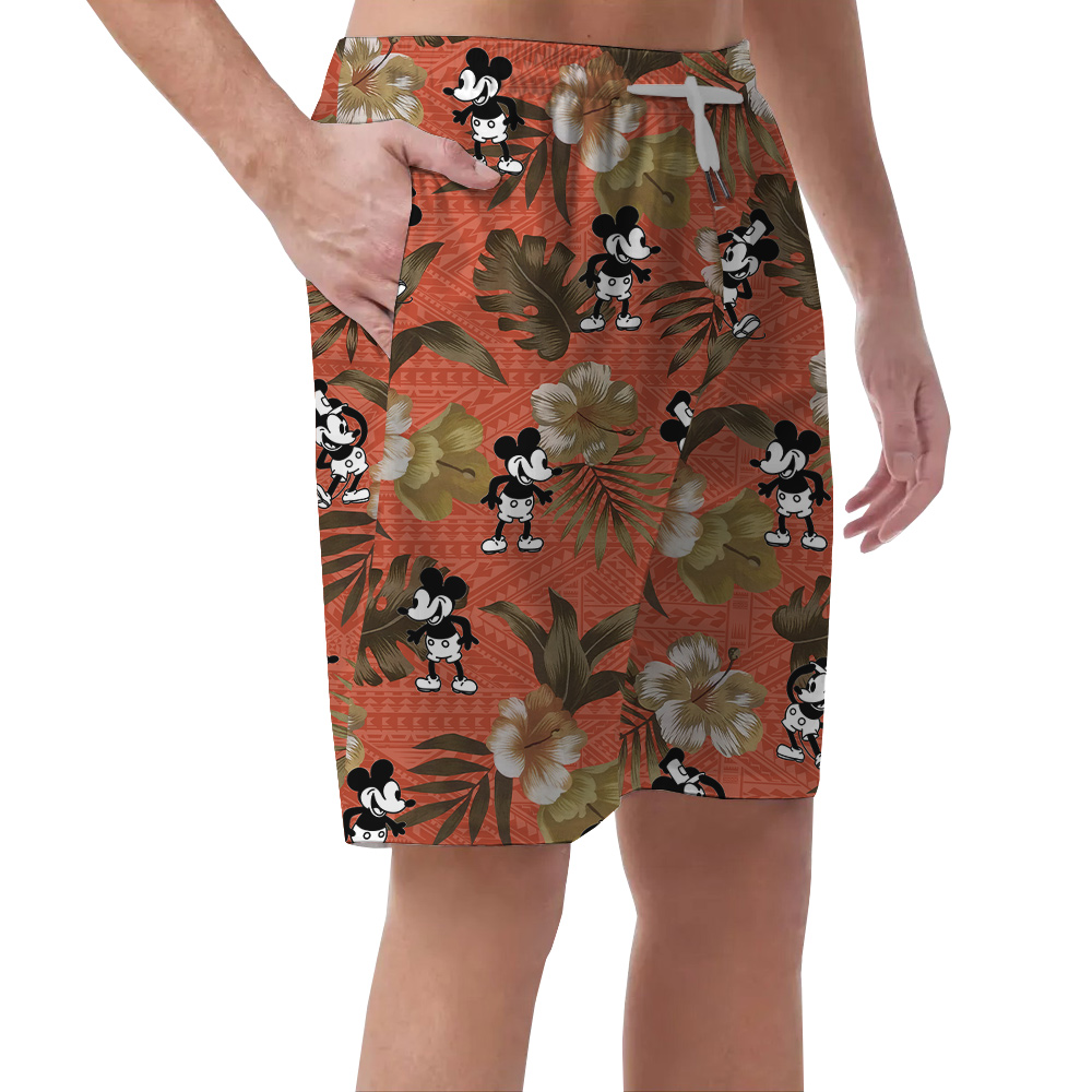 Steamboat Willie Mickey Tropical Orange Hawaiian Beach Shorts For Men