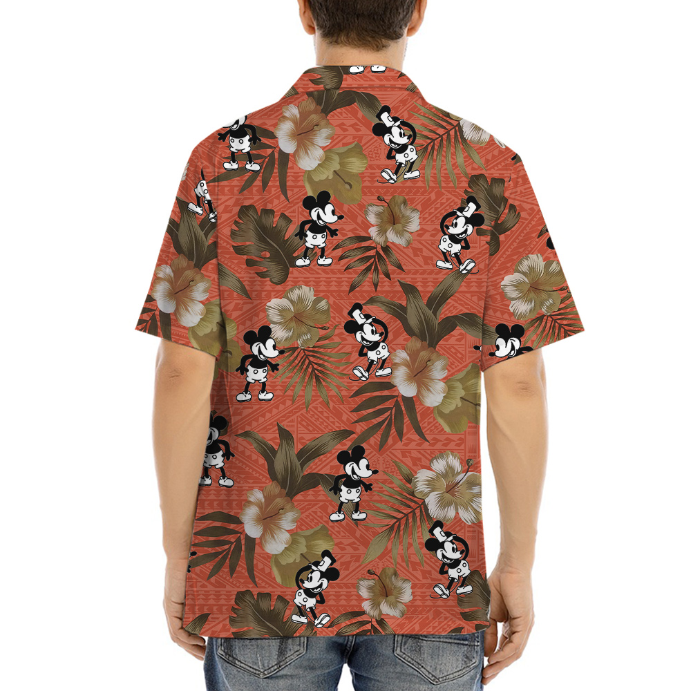 Vintage Hibiscus Steamboat Willie Mickey Orange Hawaiian Shirt