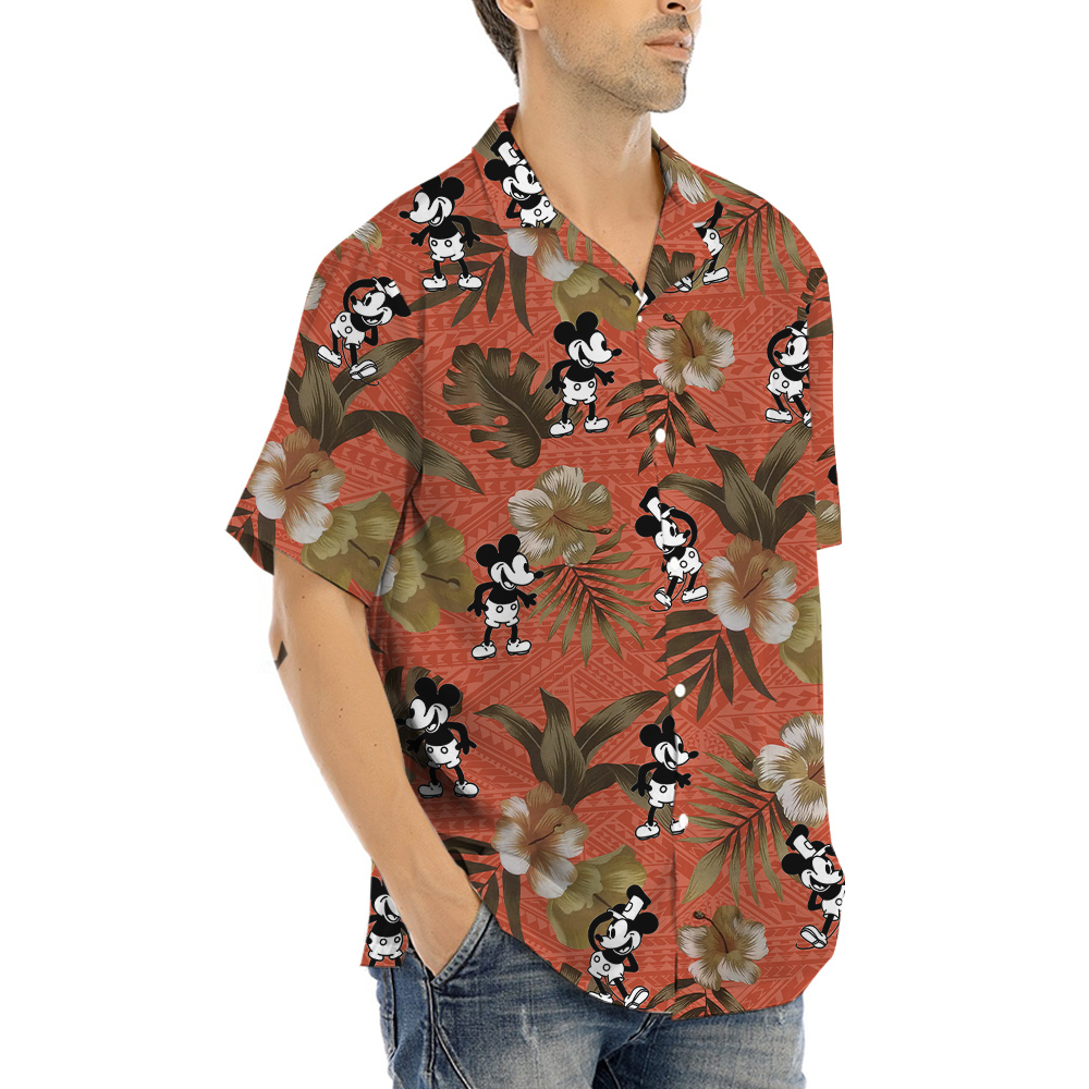 Vintage Hibiscus Steamboat Willie Mickey Orange Hawaiian Shirt