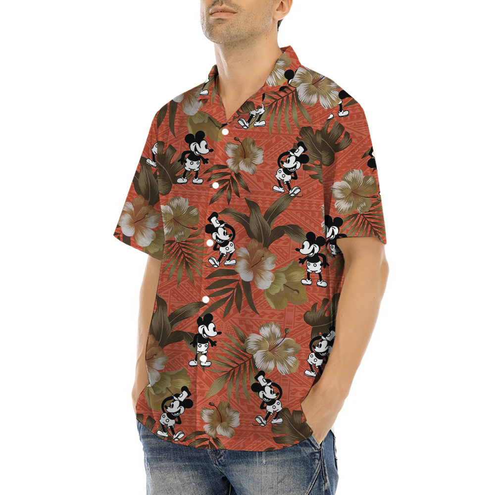 Vintage Hibiscus Steamboat Willie Mickey Orange Hawaiian Shirt