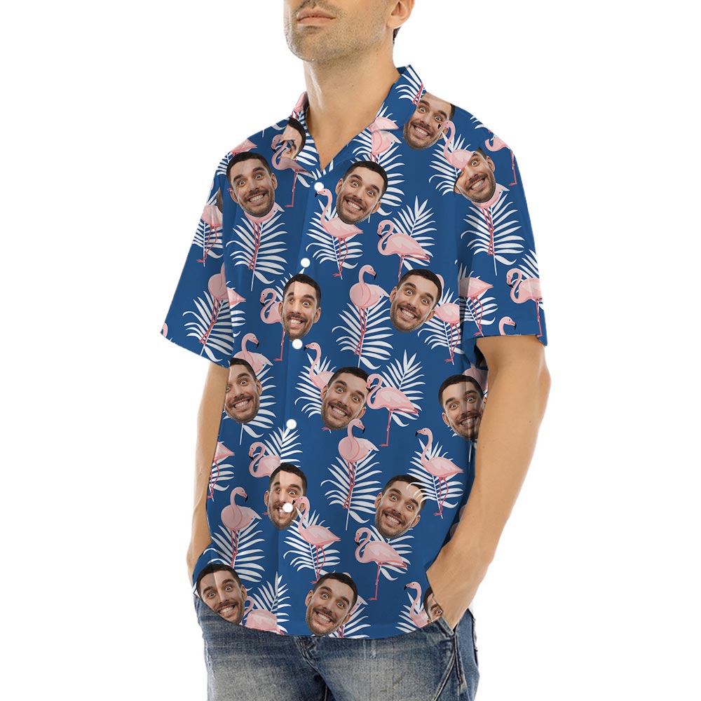 Navy Custom Flamingo Men's Short Sleeved Hawaiian Shirt