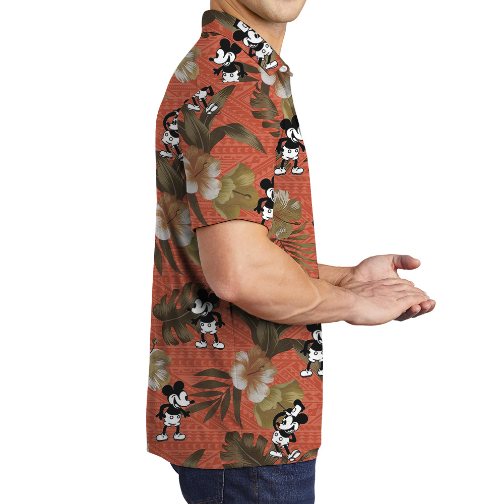 Steamboat Willie Mickey Hibiscus Orange Vintage Hawaiian Polo Shirt
