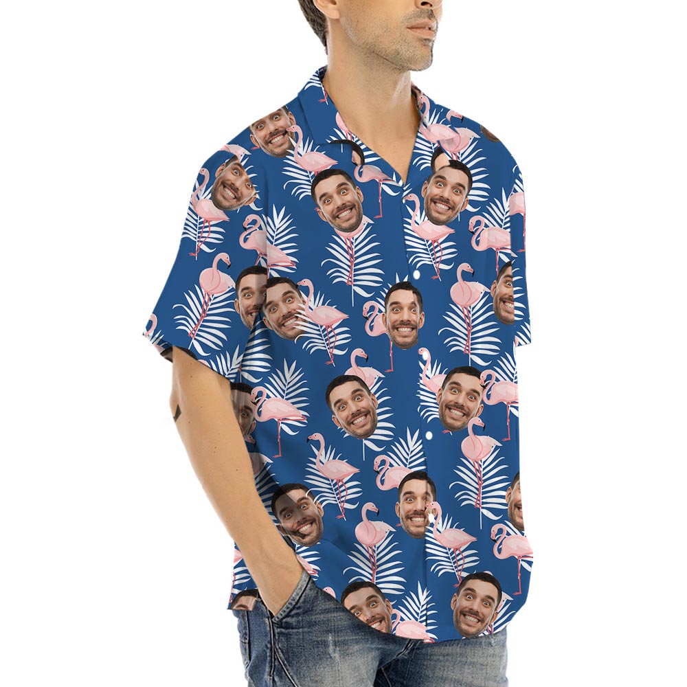 Navy Custom Flamingo Men's Short Sleeved Hawaiian Shirt