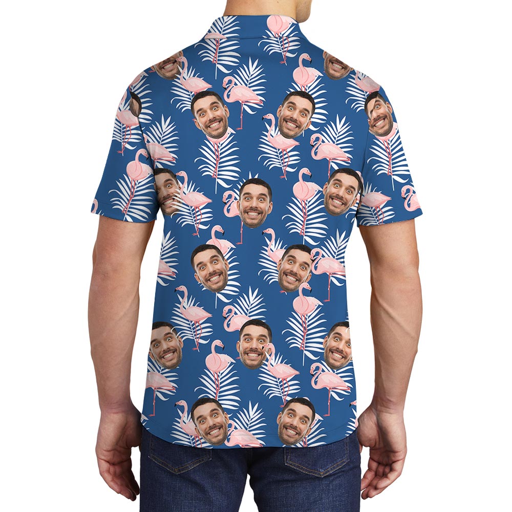 Customized Men's Navy Tropical Polo With Pink Flamingo