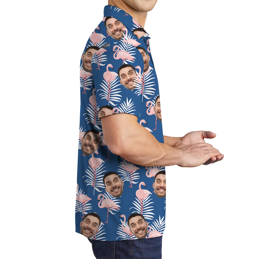 Customized Men's Navy Tropical Polo With Pink Flamingo