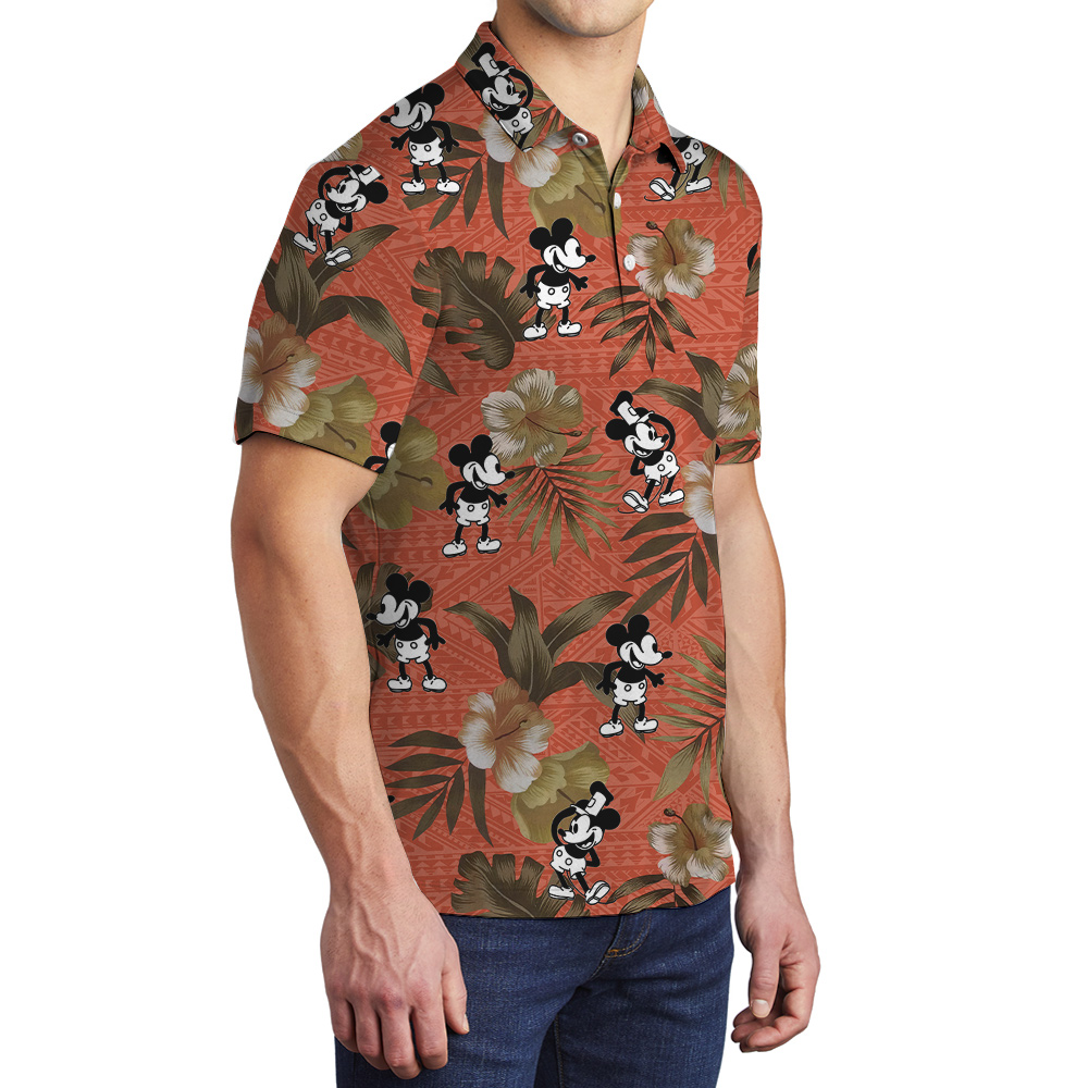 Steamboat Willie Mickey Hibiscus Orange Vintage Hawaiian Polo Shirt