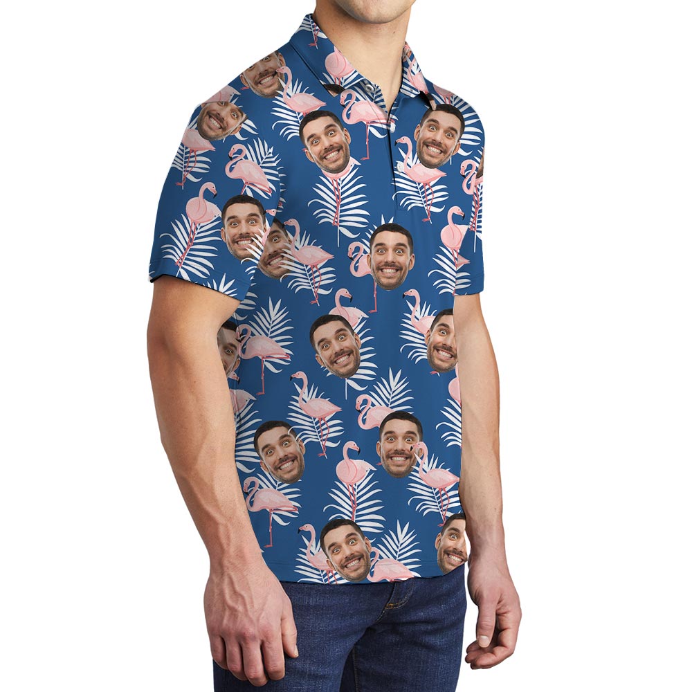 Customized Men's Navy Tropical Polo With Pink Flamingo