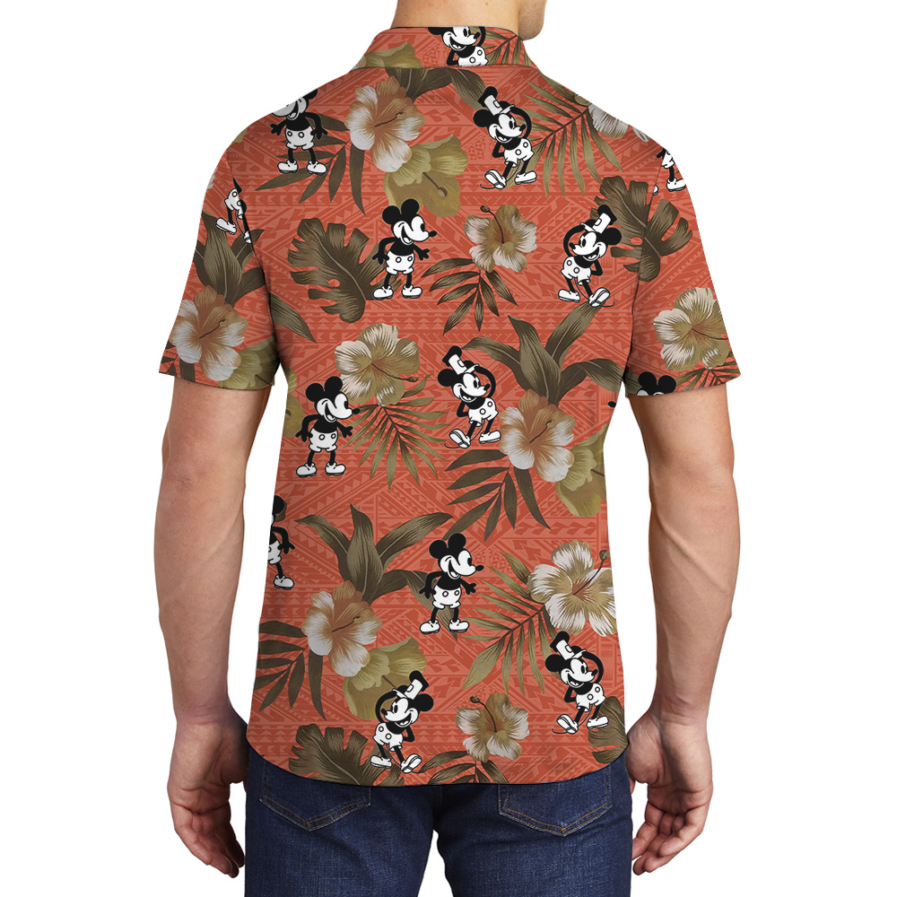 Steamboat Willie Mickey Hibiscus Orange Vintage Hawaiian Polo Shirt