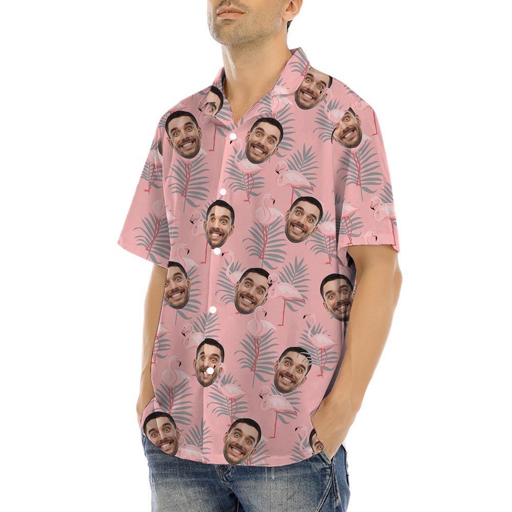 Pink Flamingo Hawaiian Button Up Shirt With Your Face