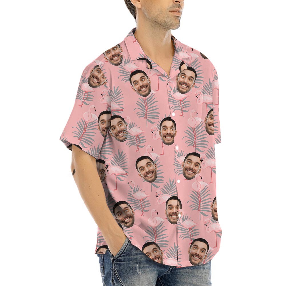 Pink Flamingo Hawaiian Button Up Shirt With Your Face