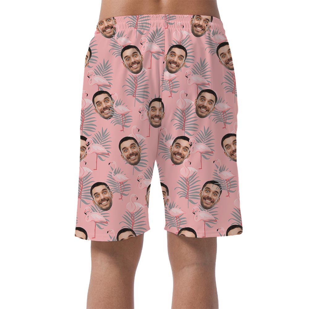 Funny Faces On Men's Summer Shorts With Flamingo