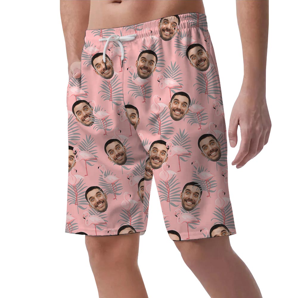 Funny Faces On Men's Summer Shorts With Flamingo