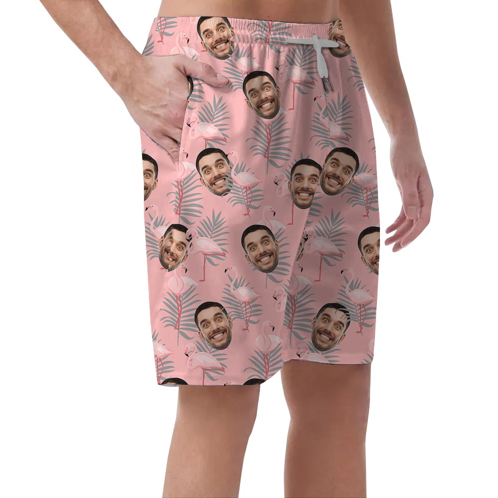 Funny Faces On Men's Summer Shorts With Flamingo