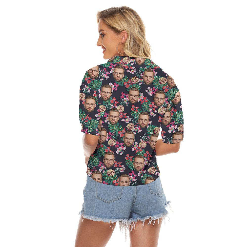 Custom Face Black Women's Hawaiian Shirt With Floral Print