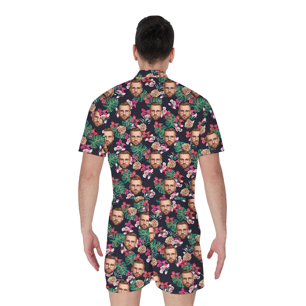 Custom Face Floral Black Romper For Mens