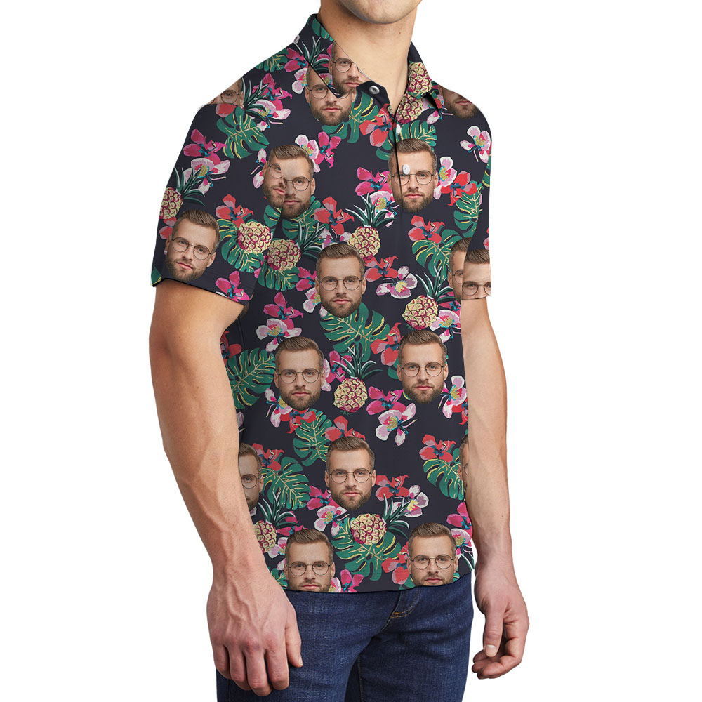 Black Pineapple Collared Polo Shirt With Faces