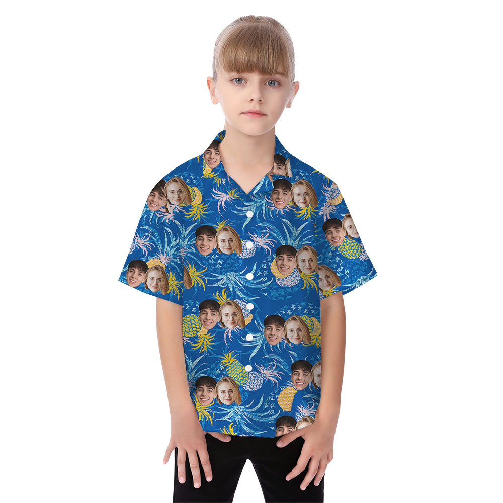 Blue Matching Family Hawaiian Shirt With Pineapple And Custom Faces