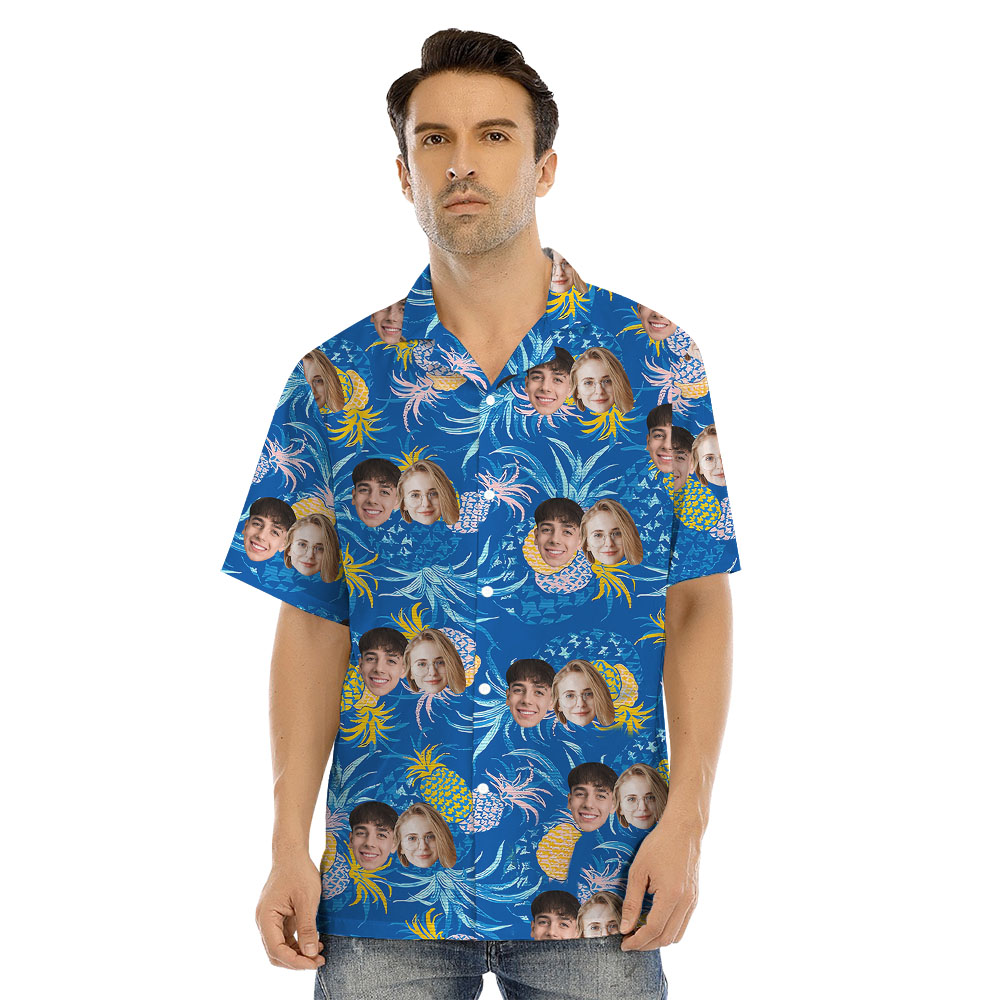 Blue Matching Family Hawaiian Shirt With Pineapple And Custom Faces