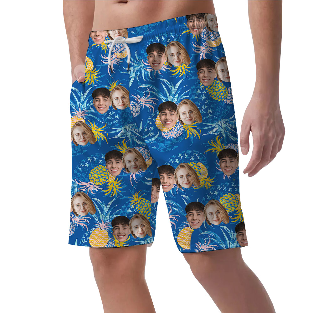 Custom Face Blue Pineapple Swim Shorts With 1-4 Faces