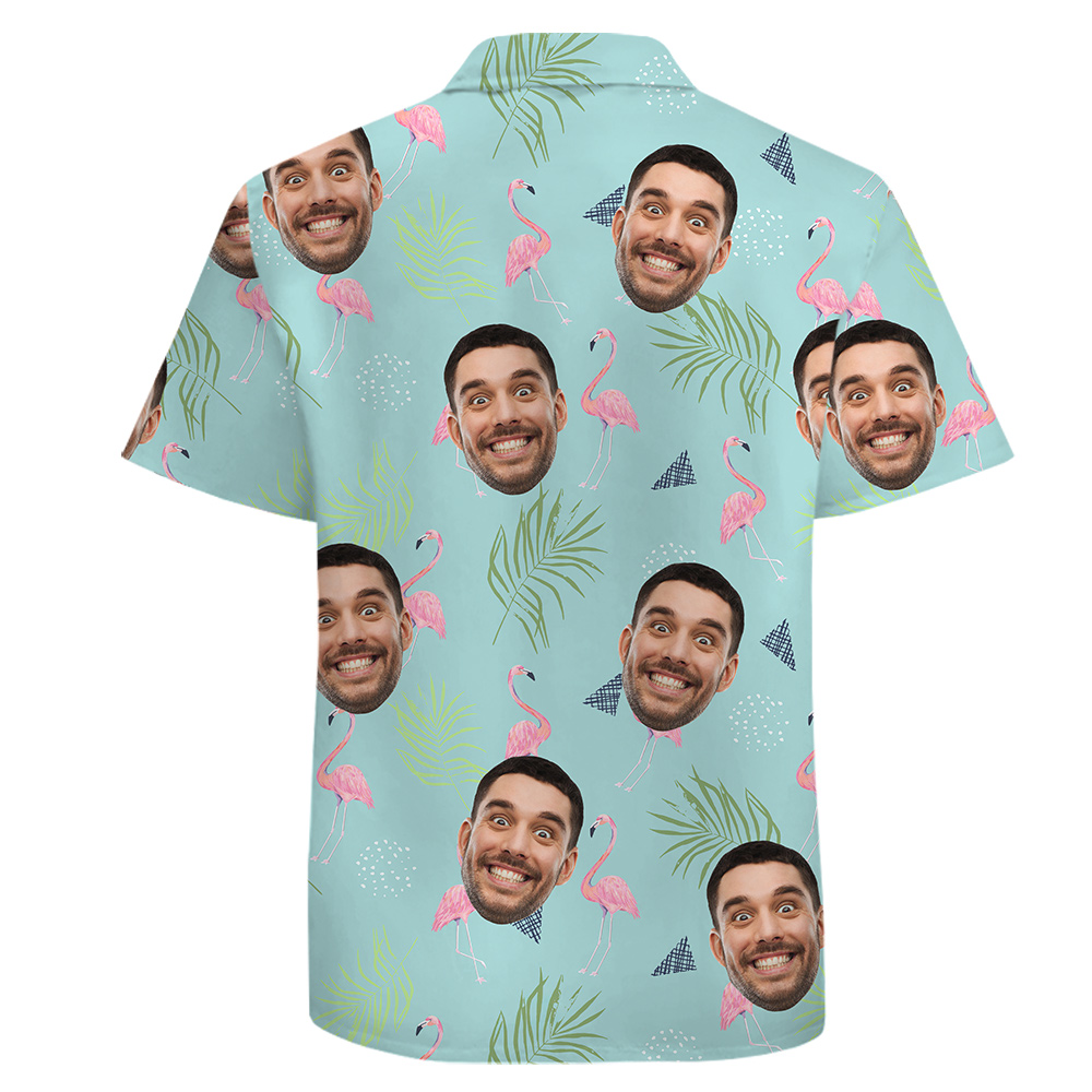 100% Cotton Button Up Men Shirt, Custom Face, Flamingo, Light Blue
