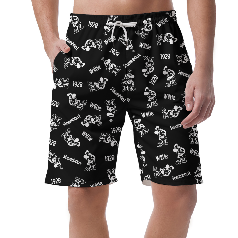 Vintage Steamboat Willie Mickey Mouse Black Hawaiian Beach Shorts For Men - variant image 1