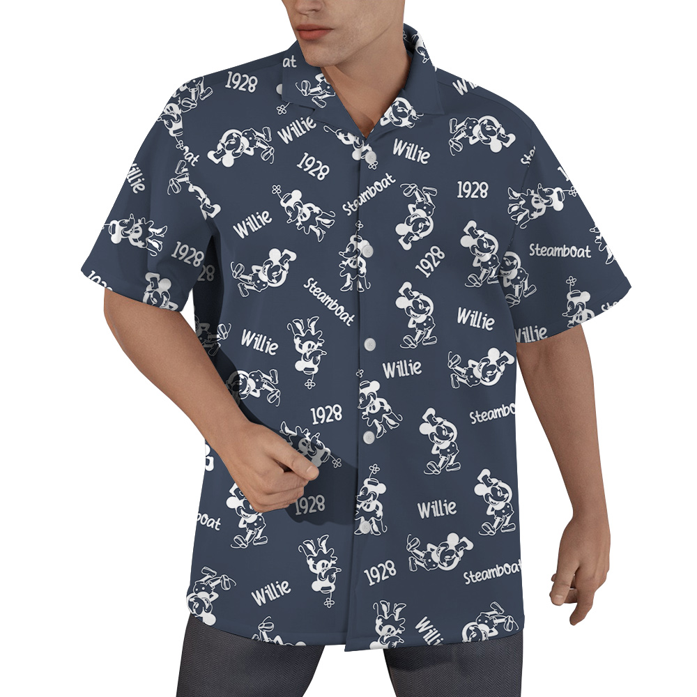 Cute Steamboat Willie Mickey 1928 Hawaiian Navy Button Up Shirt - variant image 1