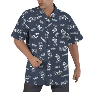 Cute Steamboat Willie Mickey 1928 Hawaiian Navy Button Up Shirt