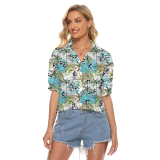 Funny Mickey Steamboat Willie Tropical Palm Trees Hawaiian Cropped Shirt For Women