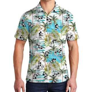Cute Mickey Steamboat Willie Tropical Palm Trees Men's Hawaiian Polo Shirt