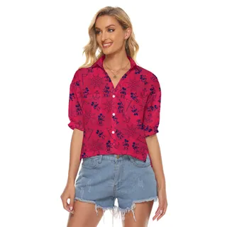 Vintage Mickey Steamboat Willie Red Hawaiian Cropped Shirt For Women