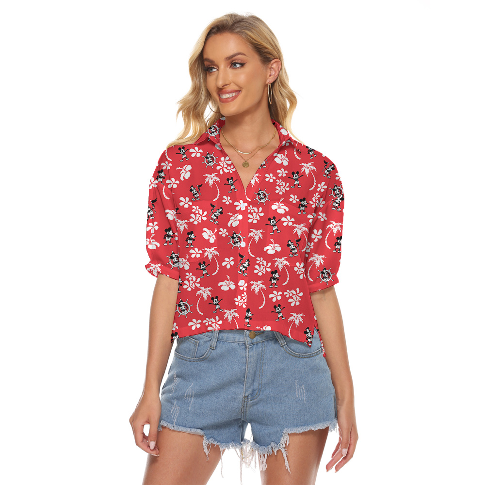 Steamboat Willie Mickey Hibiscus Palm Trees Red Hawaiian Crop Top Shirt - variant image 1