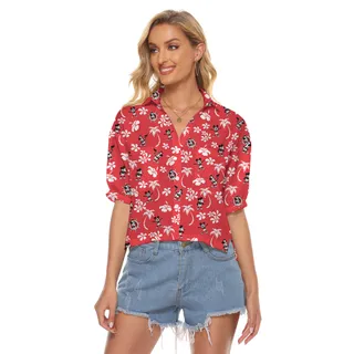 Steamboat Willie Mickey Hibiscus Palm Trees Red Hawaiian Crop Top Shirt