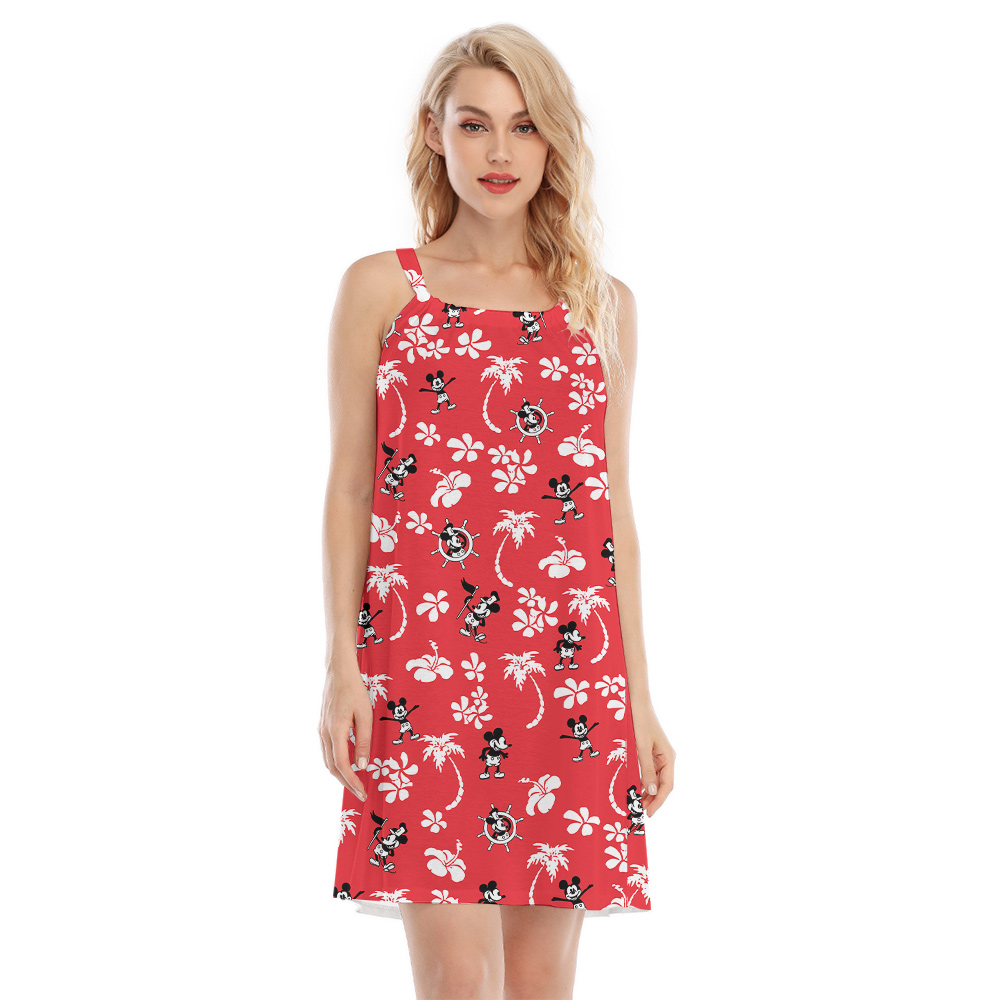 Mickey Steamboat Willie Hibiscus Palm Trees Red Aloha Cami Dress - variant image 1