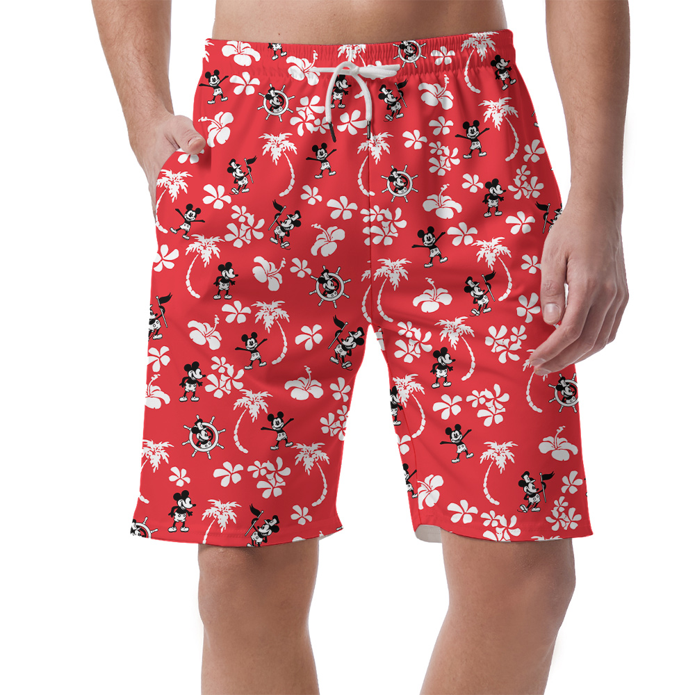 Cute Mickey Steamboat Willie Hibiscus Palm Trees Red Hawaiian Beach Shorts For Men - variant image 1