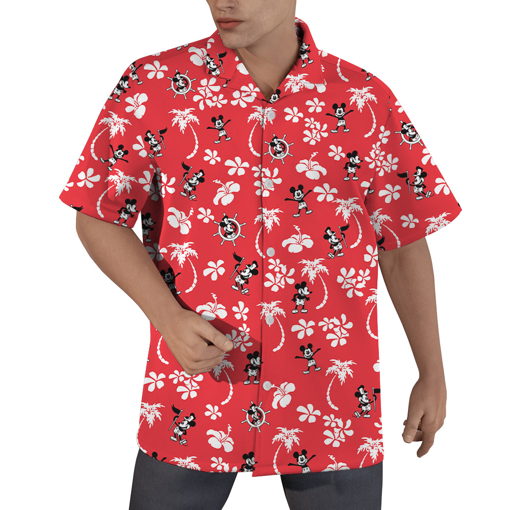 Cute Mickey Steamboat Willie Floral Palm Trees Red Hawaiian Shirt - variant image 1