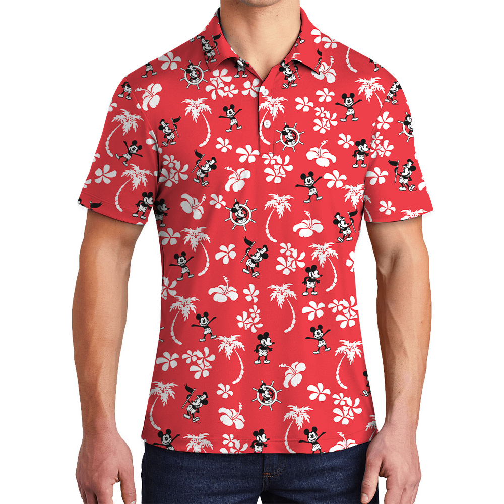 Steamboat Willie Mickey Hibiscus Palm Trees Red Men's Hawaiian Polo Shirt - variant image 1