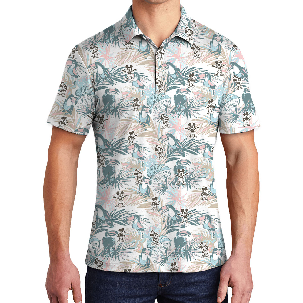 Cute Mickey Steamboat Willie Tropical Parrot Hawaiian Polo Shirt For Men - variant image 1