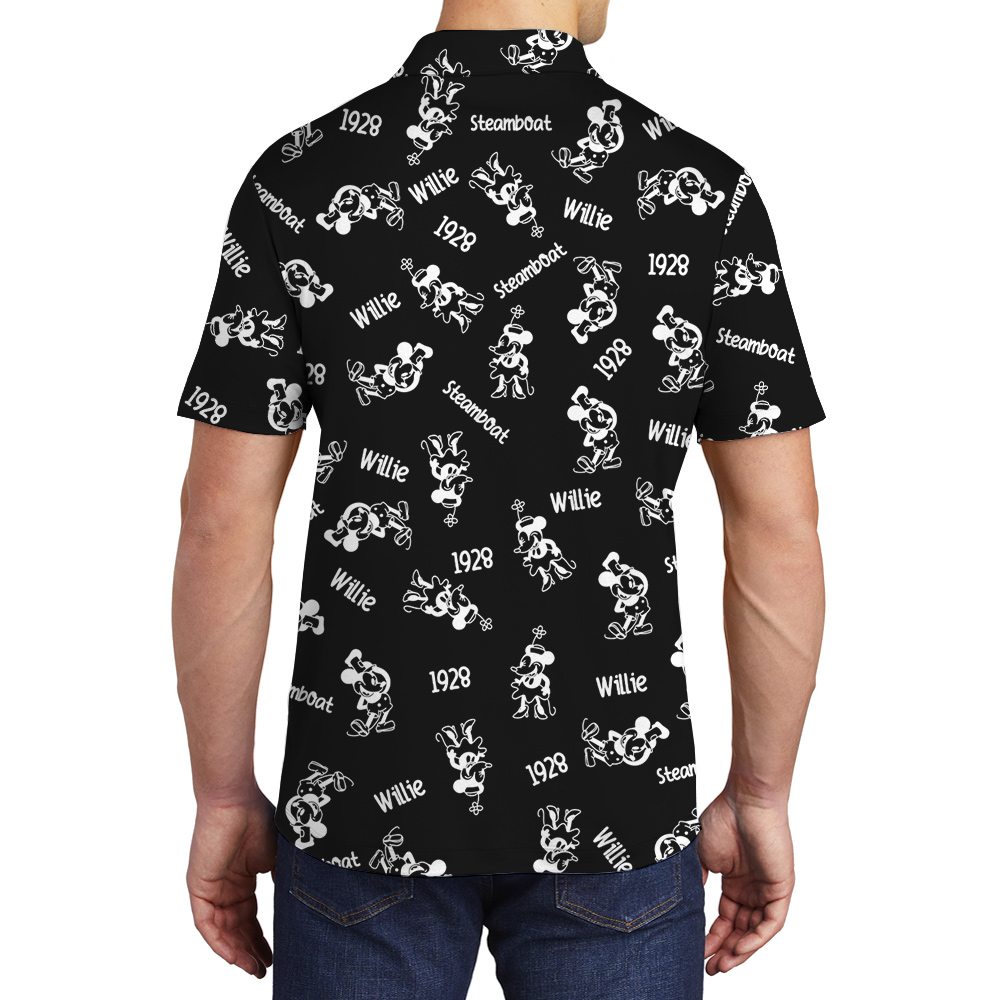 Vintage Mickey Steamboat Willie Men's Black Hawaiian Polo Shirt